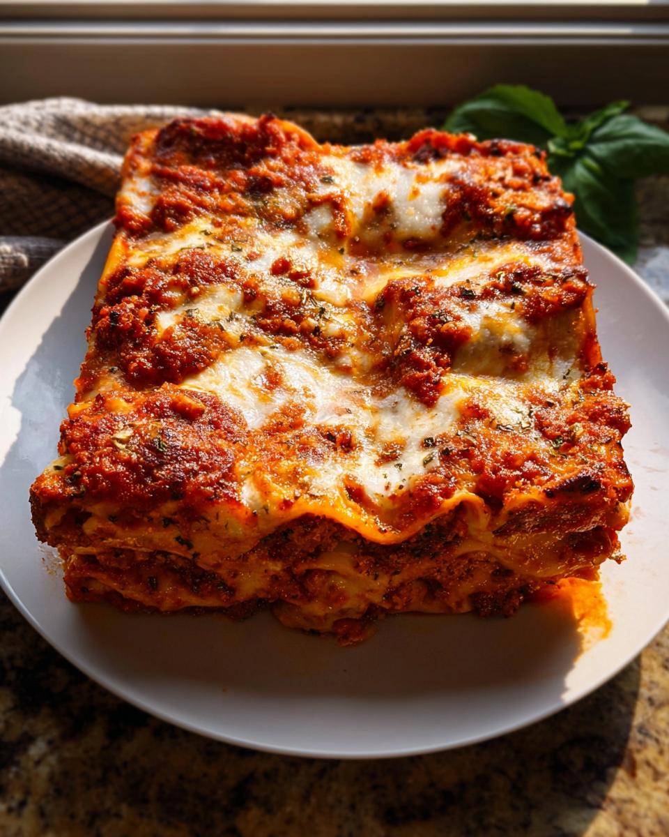 A thick, square slice of Spicy Sausage and Ricotta Lasagna with bubbling cheese and rich red sauce.