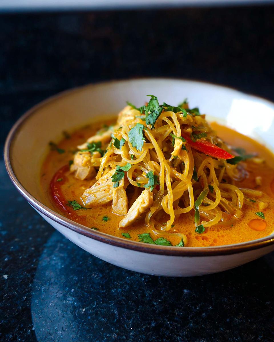 A close-up of a bowl filled with Spicy Thai Coconut Curry Noodle Soup featuring chicken and yellow noodles.