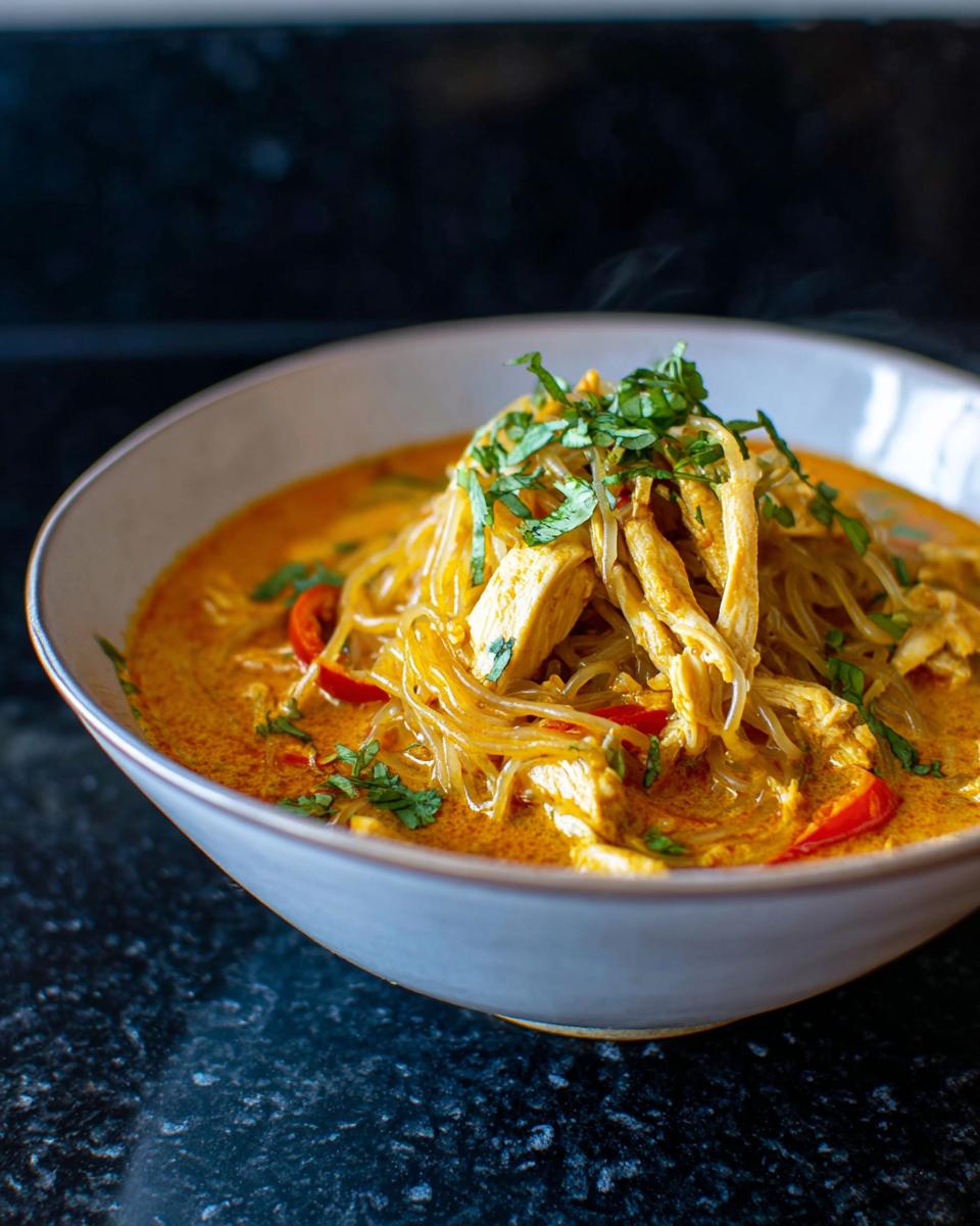 Close-up of a steaming bowl of Spicy Thai Coconut Curry Noodle Soup topped with chicken and fresh herbs.