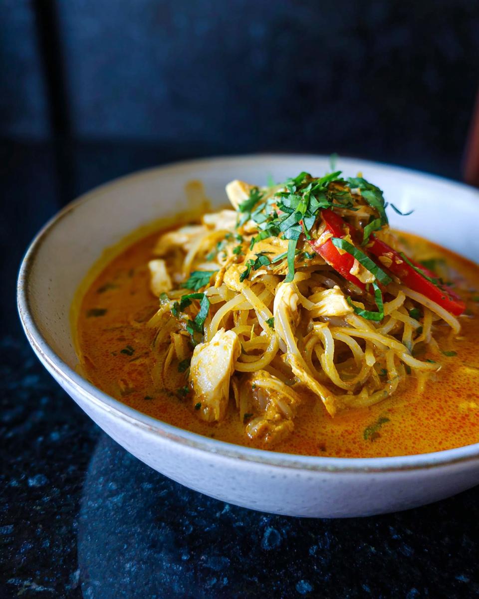 Close-up of a bowl of Spicy Thai Coconut Curry Noodle Soup topped with shredded chicken, bean sprouts, and herbs.
