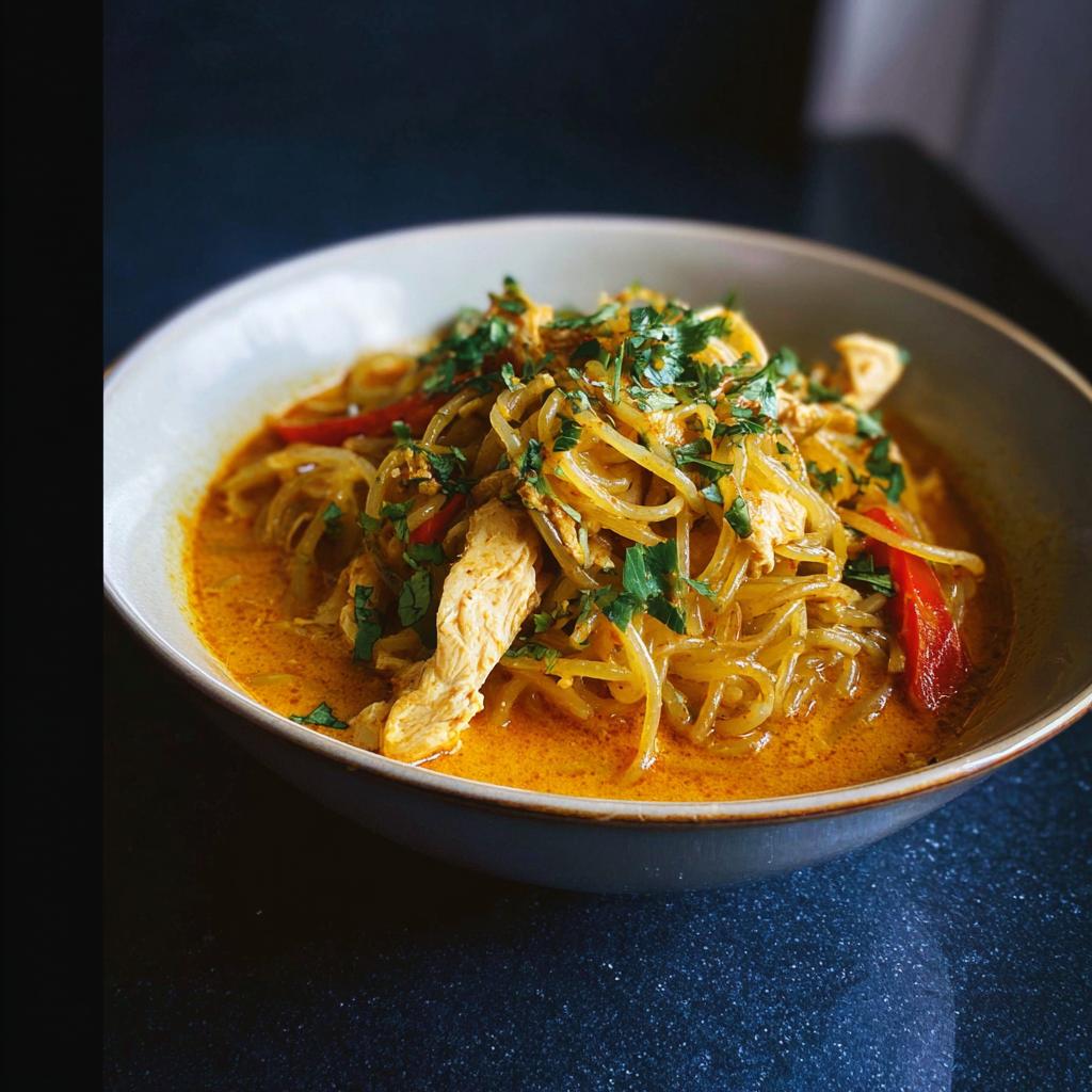 Close-up of Spicy Thai Coconut Curry Noodle Soup featuring glass noodles, chicken, and red peppers, topped with fresh cilantro.