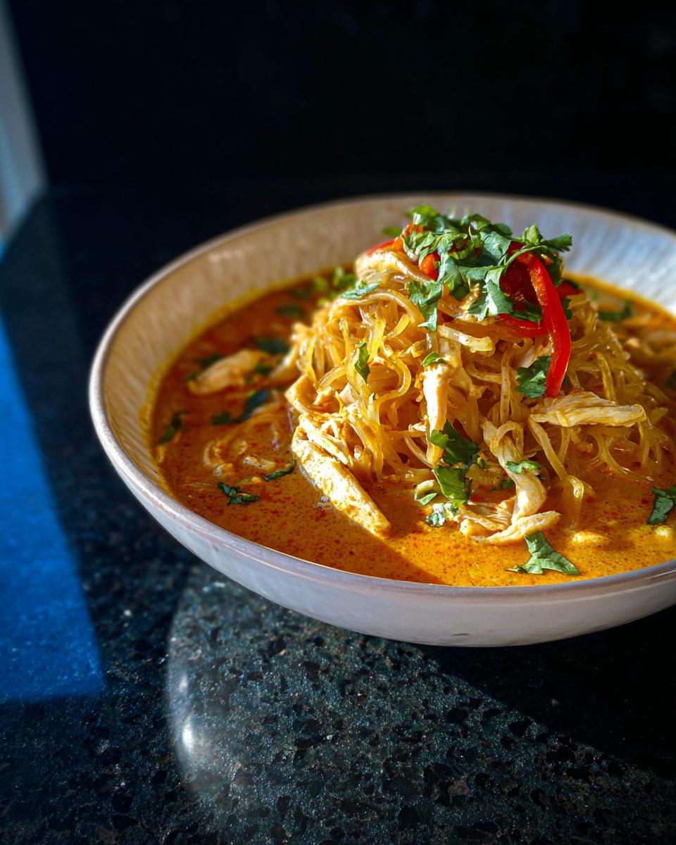 A bowl of rich, orange Spicy Thai Coconut Curry Noodle Soup topped with shredded noodles, chicken, and fresh cilantro.