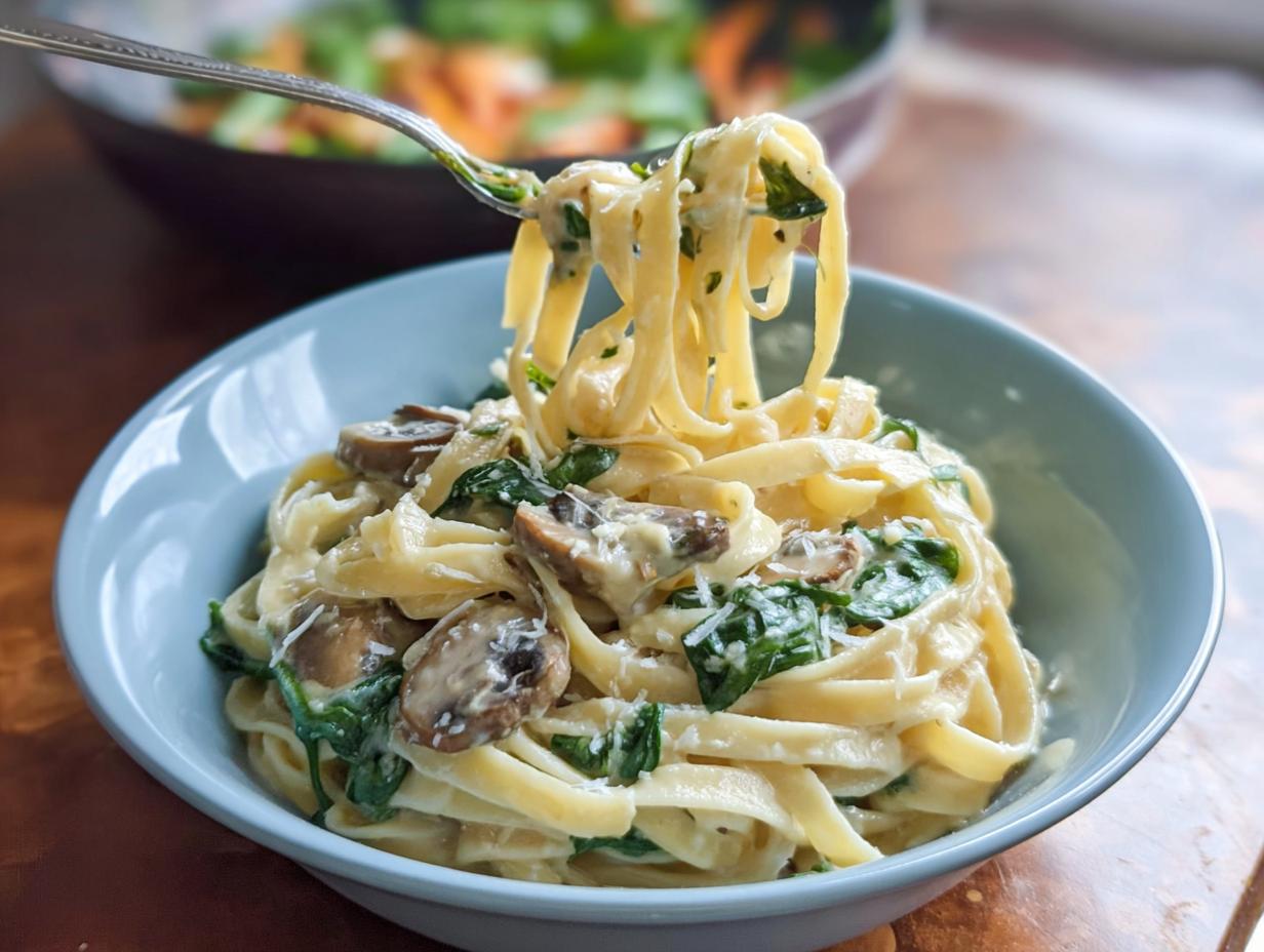 A fork lifting creamy fettuccine noodles coated in sauce, spinach, and mushrooms from a blue bowl of Spinach and Mushroom Alfredo Pasta.