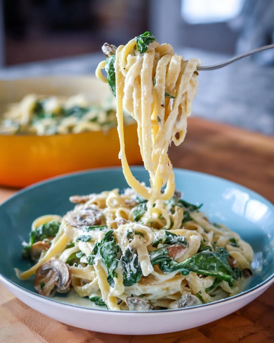 A fork lifting fettuccine noodles coated in creamy sauce, spinach, and mushrooms from a bowl of Spinach and Mushroom Alfredo Pasta.