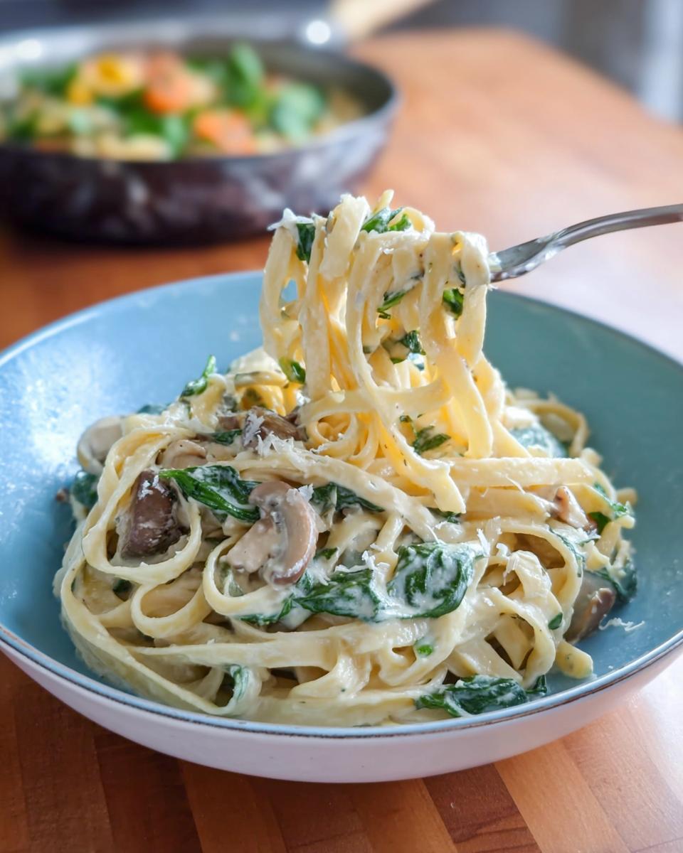 A fork lifting fettuccine noodles coated in creamy sauce, spinach, and mushrooms from a bowl of Spinach and Mushroom Alfredo Pasta.