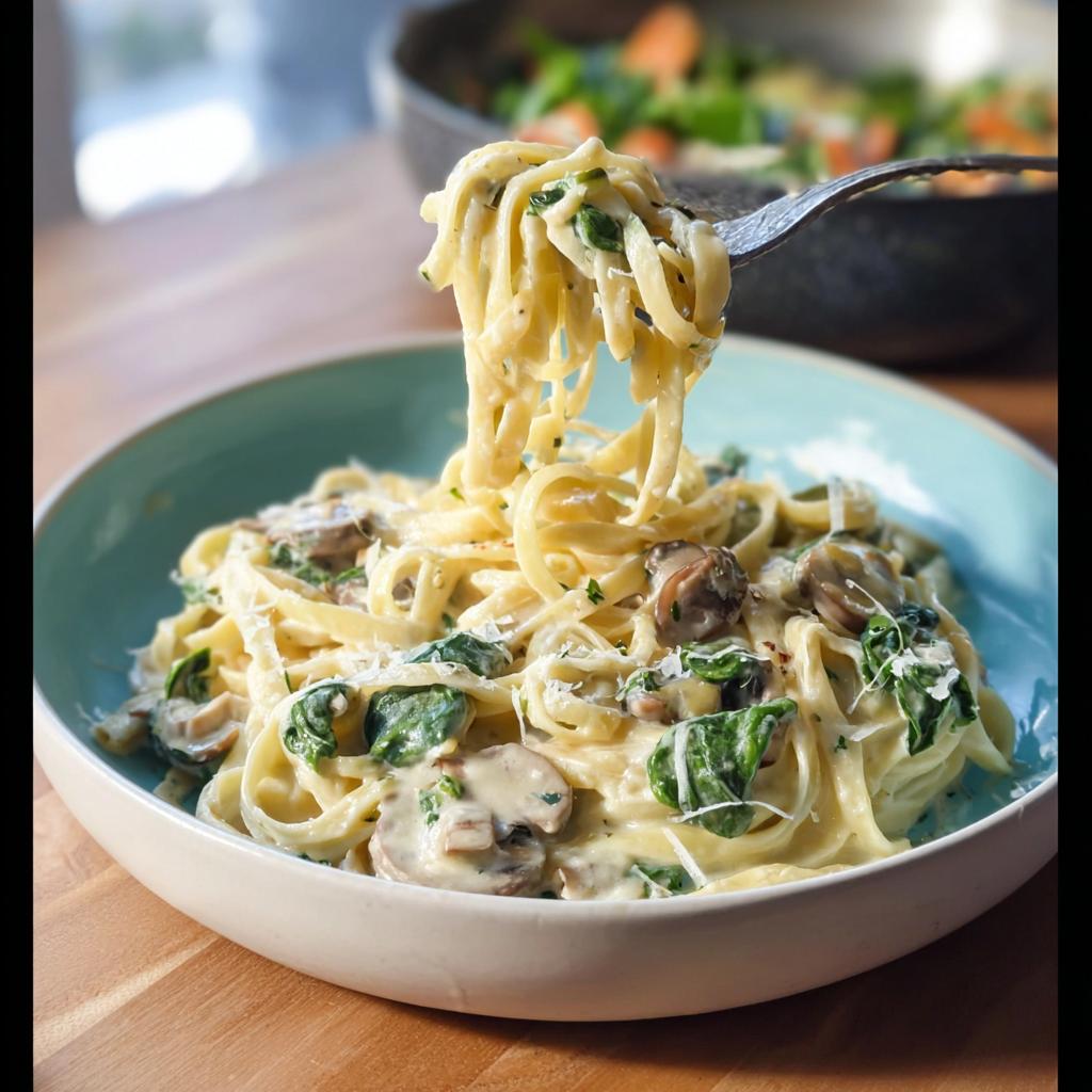 A fork lifting creamy fettuccine noodles from a bowl of Spinach and Mushroom Alfredo Pasta topped with mushrooms and cheese.