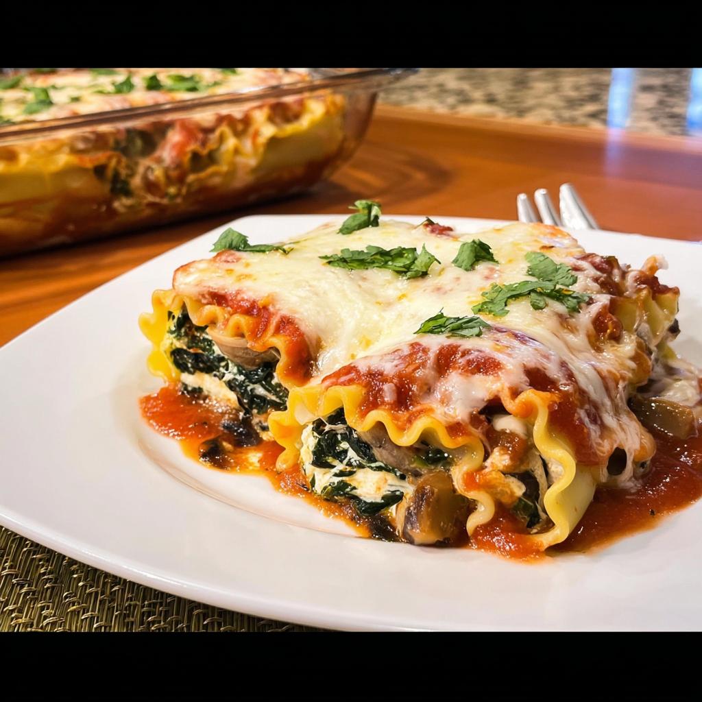 Two Spinach and Mushroom Lasagna Roll Ups covered in melted cheese and marinara sauce on a white plate.