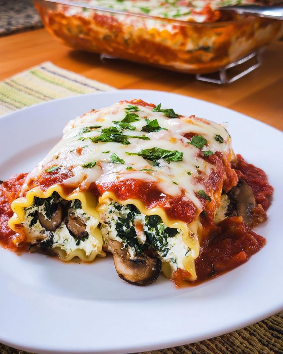 Two Spinach and Mushroom Lasagna Roll Ups covered in melted cheese and marinara sauce on a white plate.