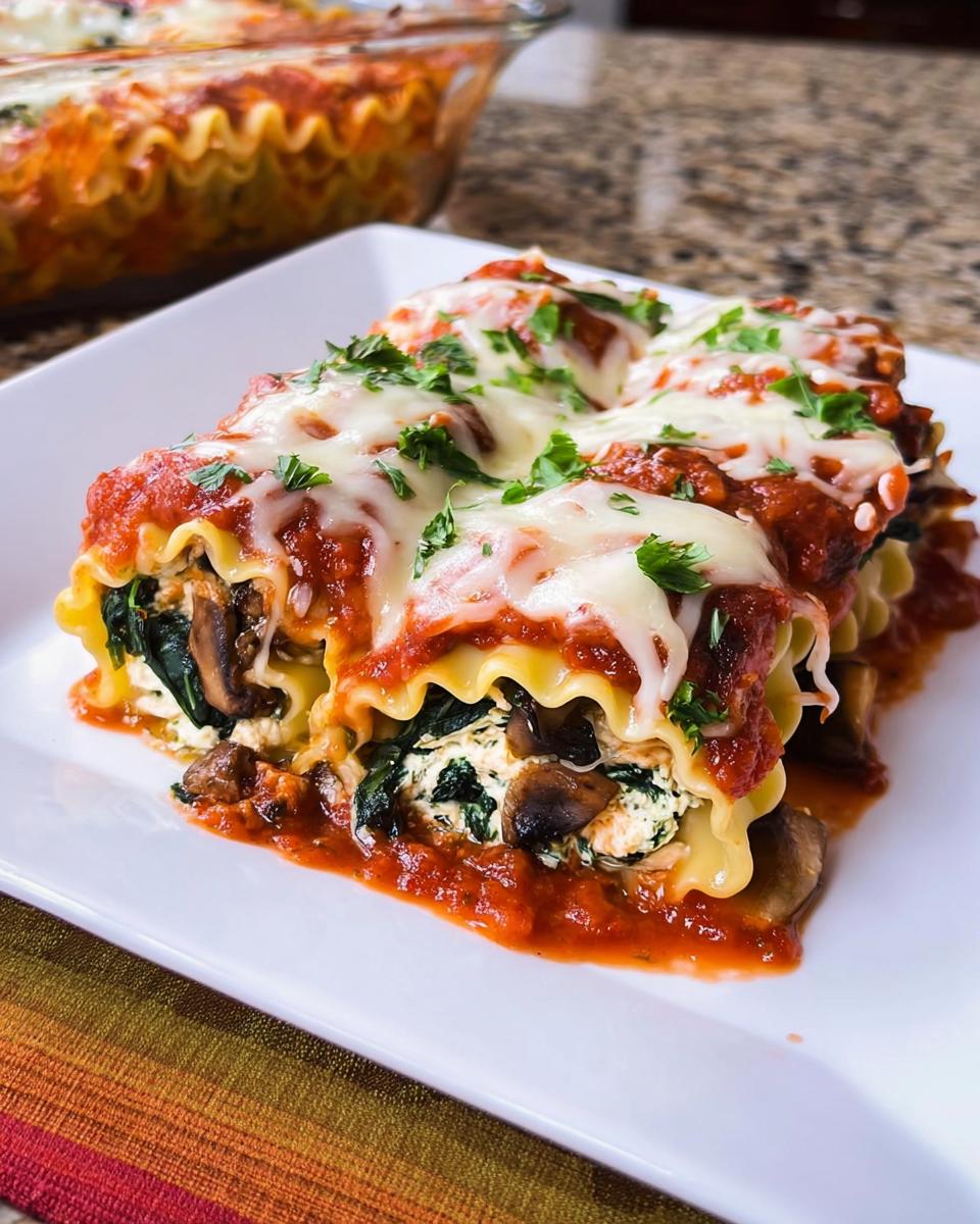 Two servings of Spinach and Mushroom Lasagna Roll Ups topped with melted mozzarella and marinara sauce.