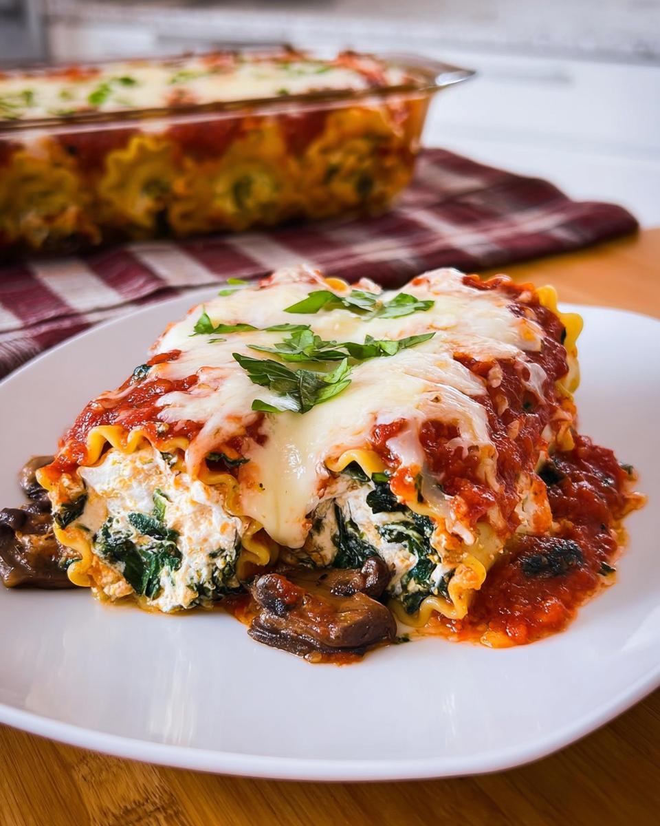 A close-up of a serving of Spinach and Mushroom Lasagna Roll Ups topped with melted cheese and basil.