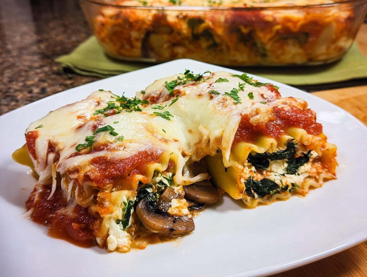 Two baked Spinach and Mushroom Lasagna Roll Ups covered in melted cheese and marinara sauce on a white plate.