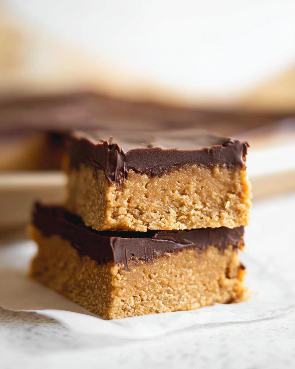 Two stacked Peanut Butter Chocolate Fudge Squares showing a thick peanut butter base and a rich chocolate topping.