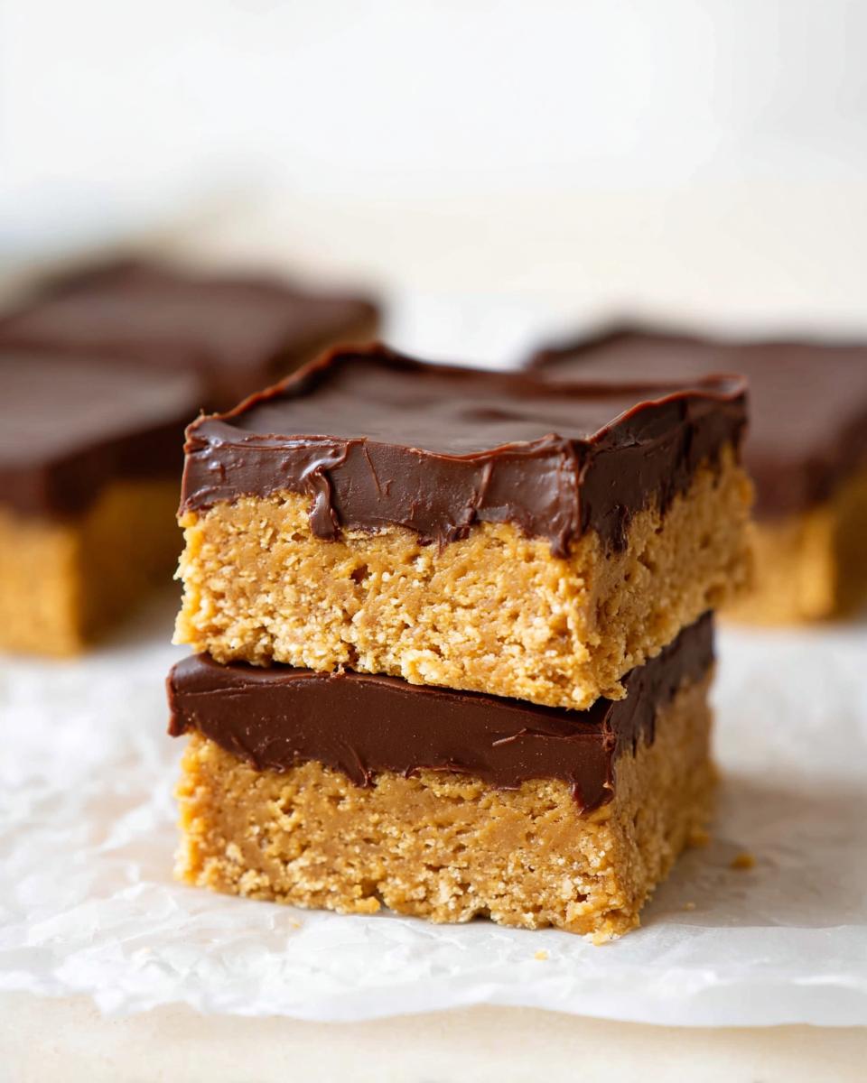 Two stacked Peanut Butter Chocolate Fudge Squares showing the thick peanut butter layer and rich chocolate topping.