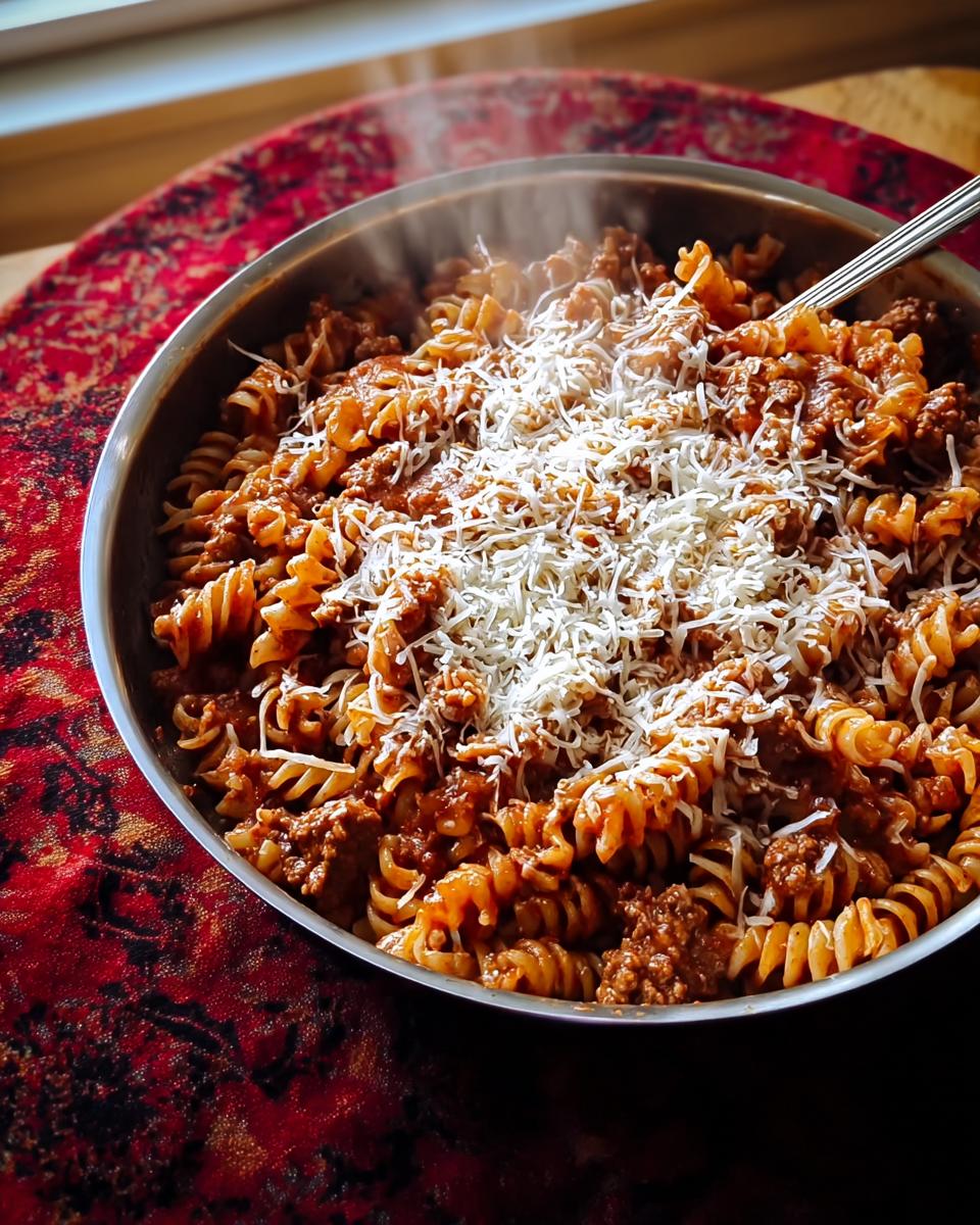 A large stainless steel pot filled with steaming Ground Turkey Pasta (rotini) topped generously with shredded white cheese.