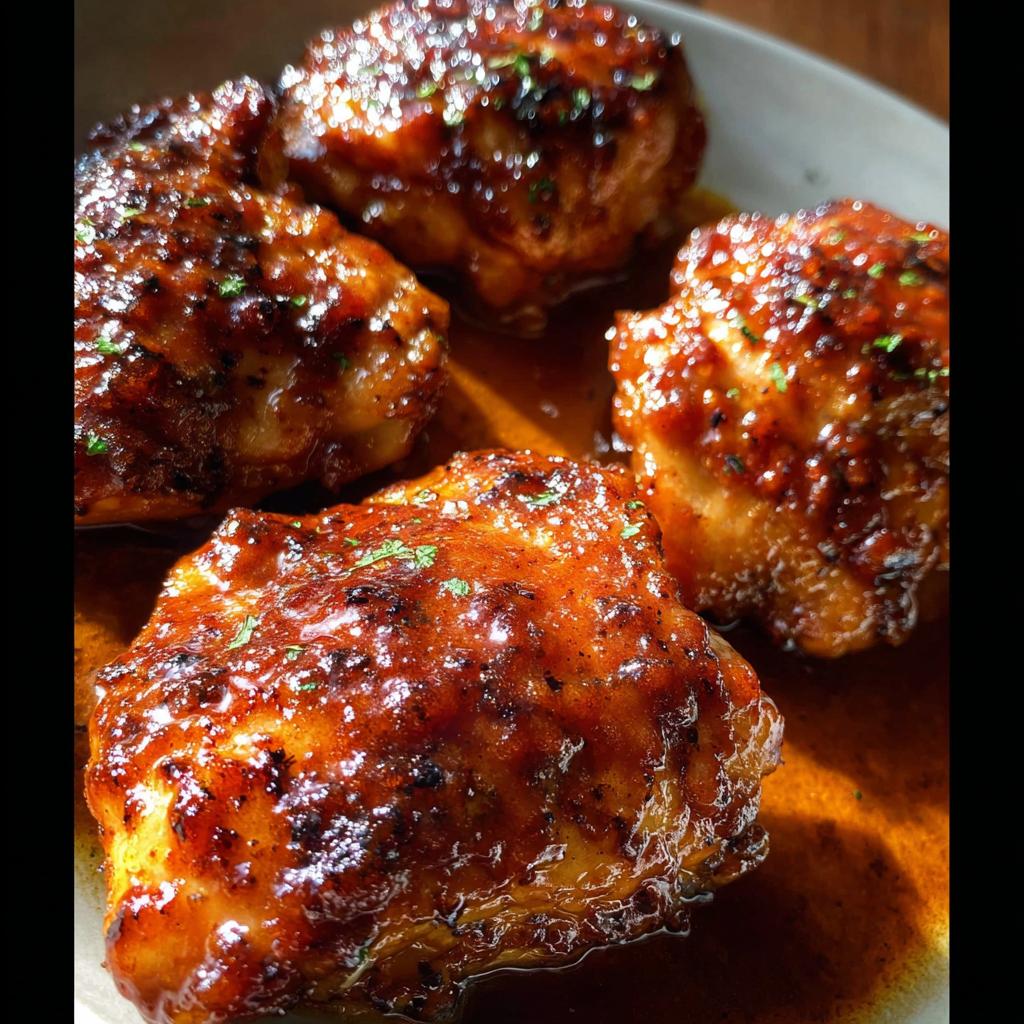 Four glistening, glazed Sticky BBQ Sheet Pan Chicken Thighs resting in a pool of rich sauce, garnished with parsley.