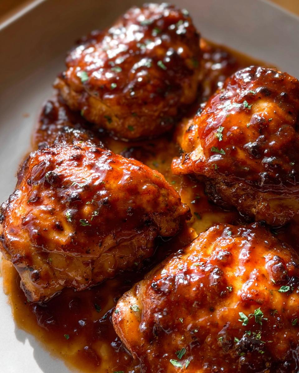 Four juicy chicken thighs coated heavily in a thick, glossy, sticky BBQ sauce, garnished with parsley.
