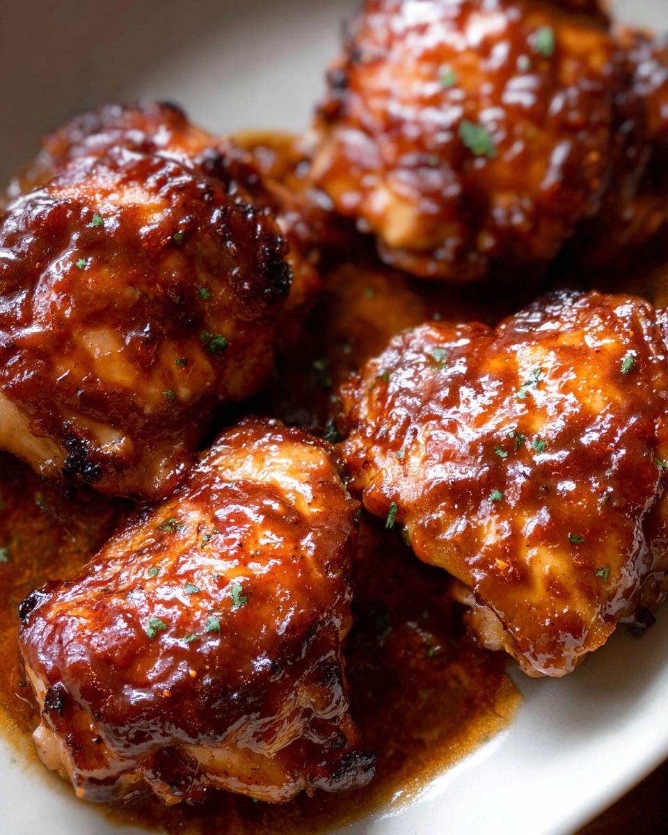 Four pieces of glistening Sticky BBQ Sheet Pan Chicken Thighs coated in a thick, dark glaze, resting in sauce.
