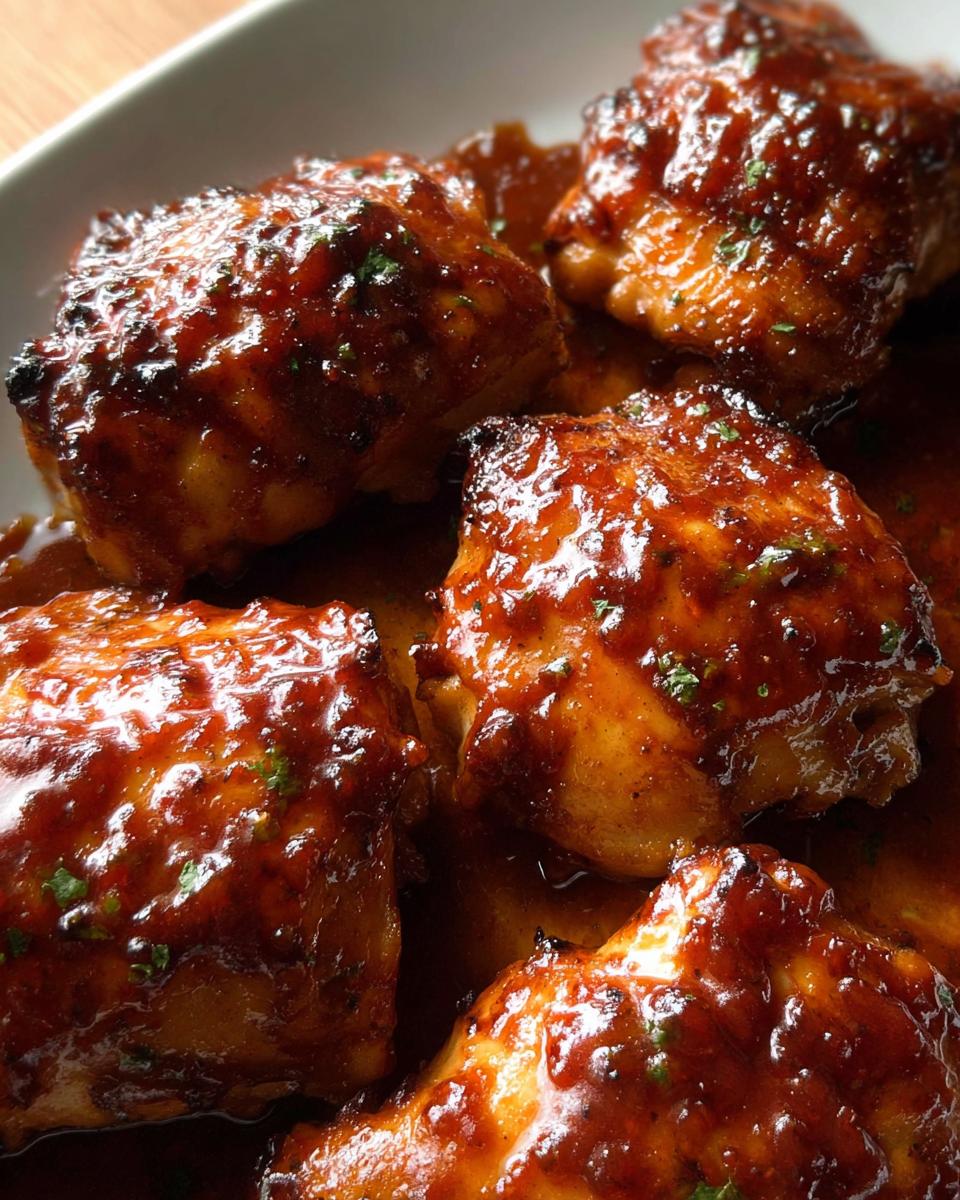 Close-up of several juicy chicken thighs coated in a thick, glossy, sticky BBQ sauce, garnished with parsley.