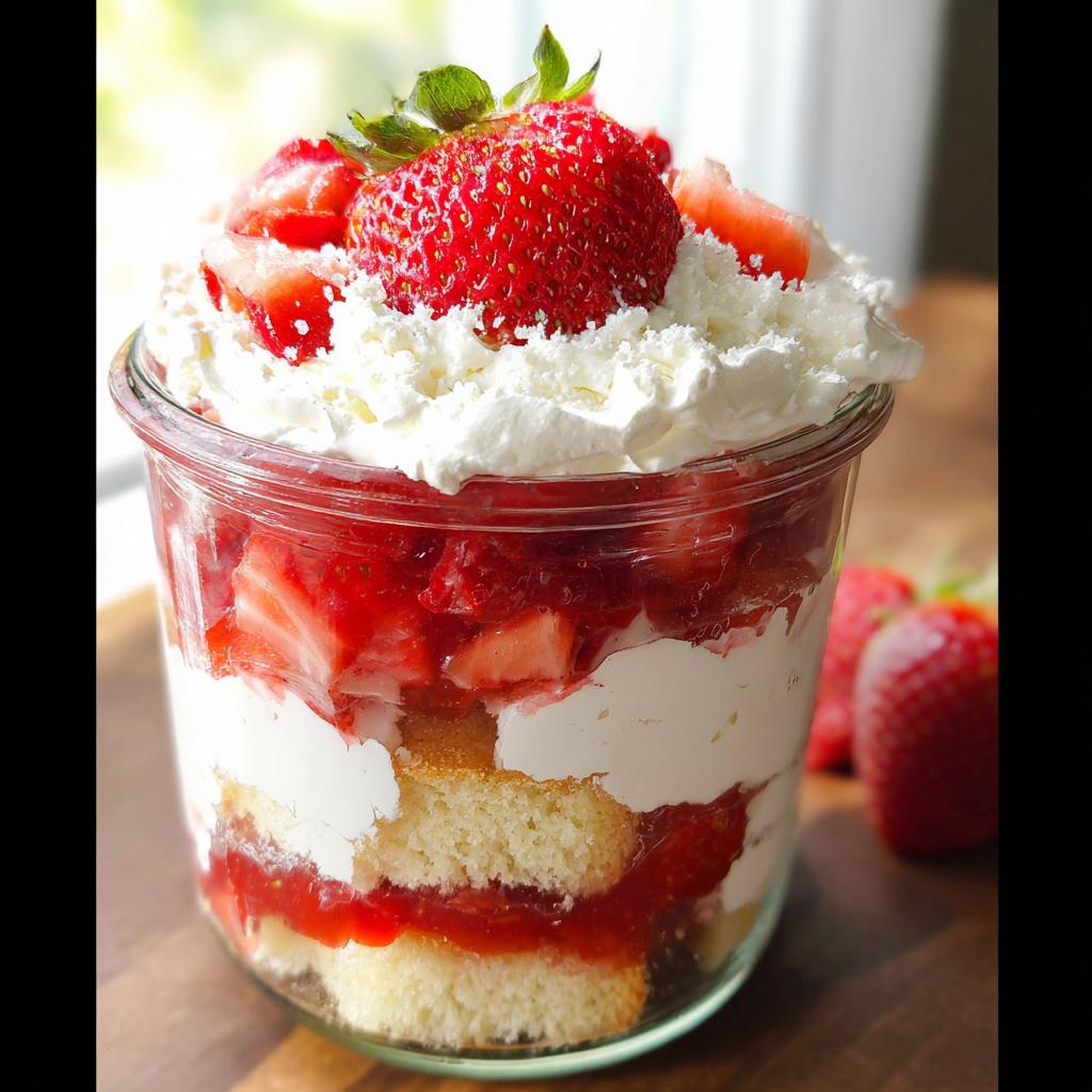 Layers of cake, macerated strawberries, and whipped cream in a glass jar, topped with a whole strawberry for a Strawberry Shortcake Trifle in a Jar.