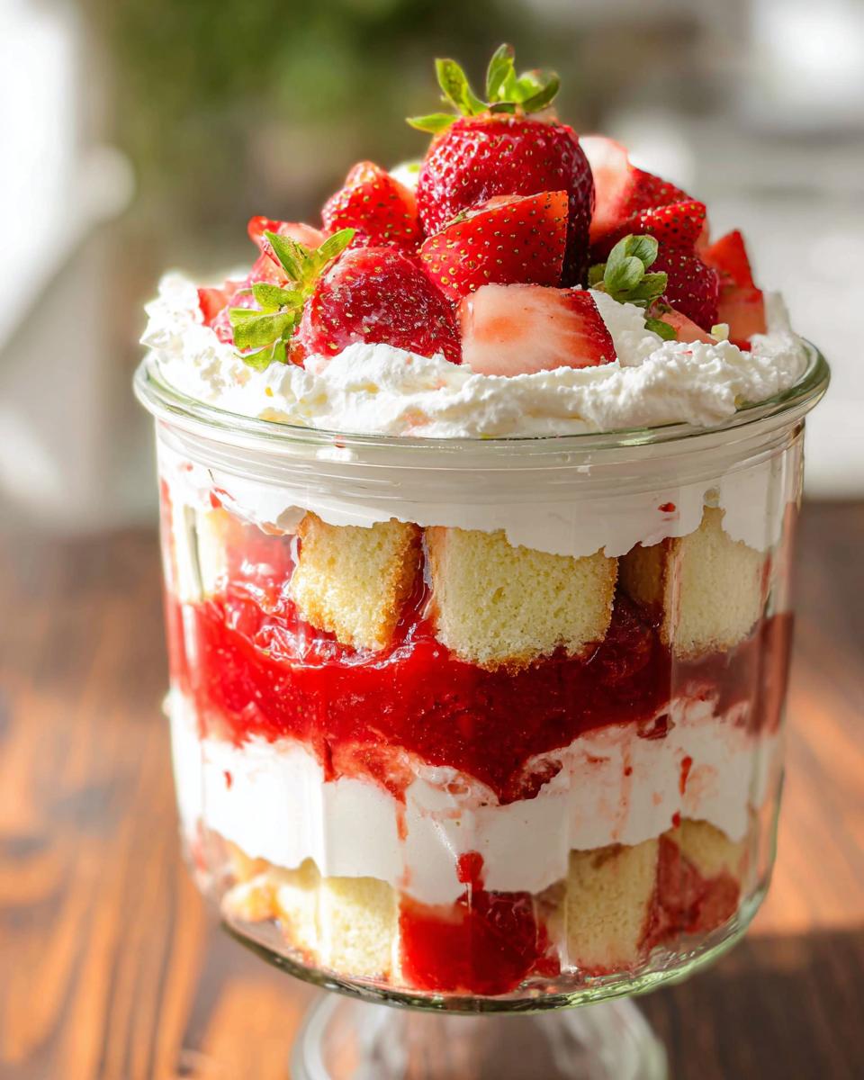 Close-up of a layered Strawberry Shortcake Trifle in a Jar showing cake, cream, and strawberry filling topped with fresh berries.