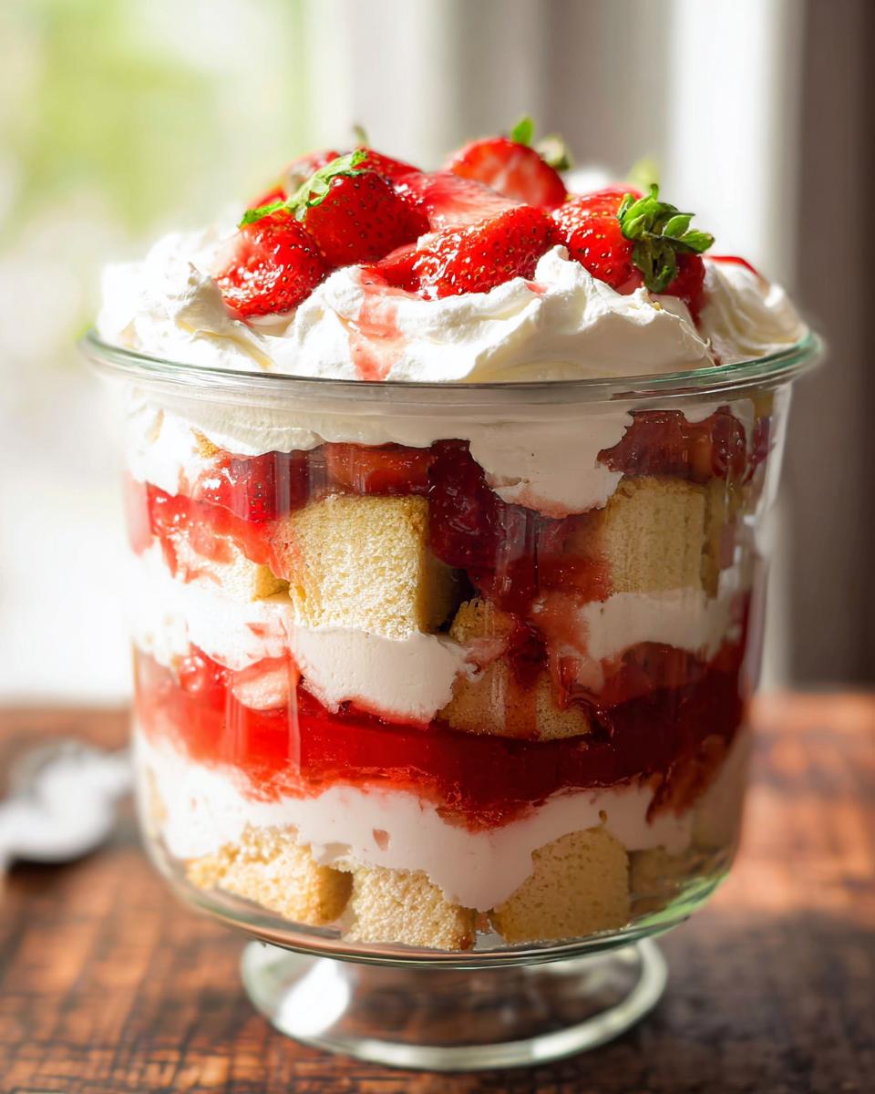 Close-up of a Strawberry Shortcake Trifle in a Jar with layers of cake, cream, and strawberries.
