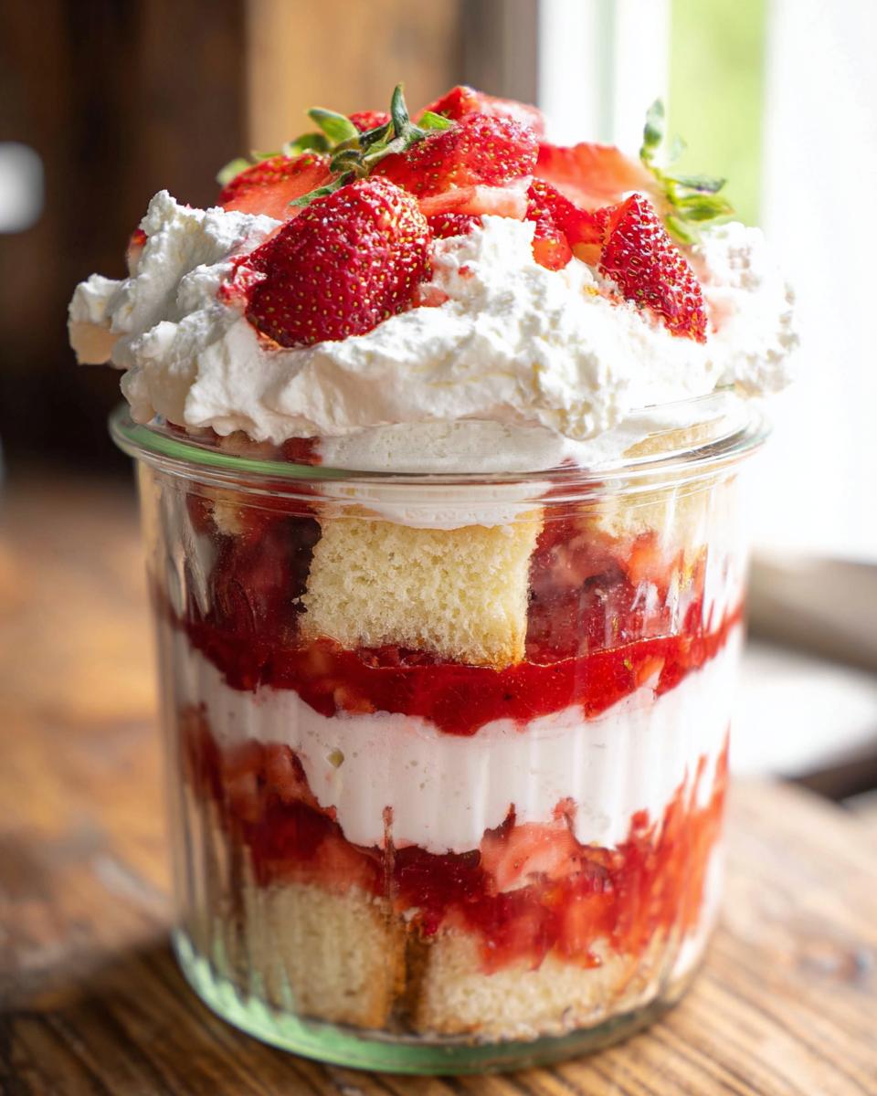 Close-up of a layered Strawberry Shortcake Trifle in a jar topped with whipped cream and fresh strawberries.