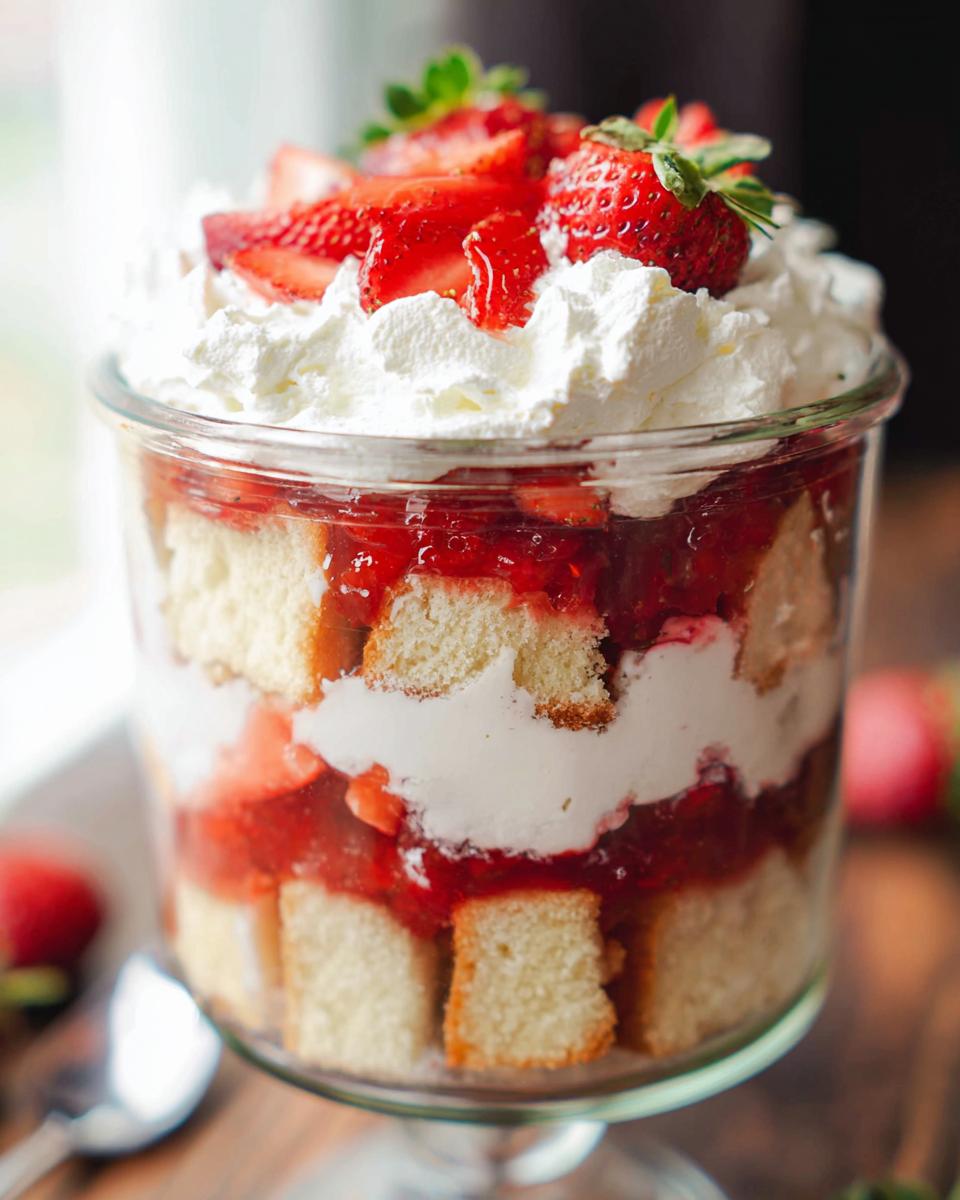 Close-up of a layered Strawberry Shortcake Trifle in a jar with cake, whipped cream, and fresh strawberries.