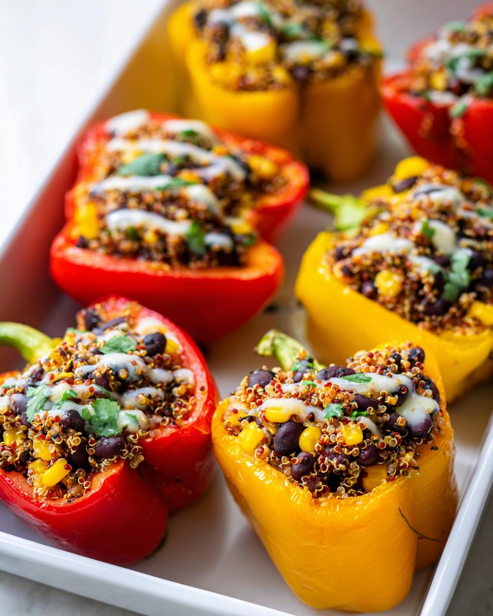 Close-up of baked Stuffed Bell Peppers with Quinoa and Black Beans, topped with melted cheese and cilantro.