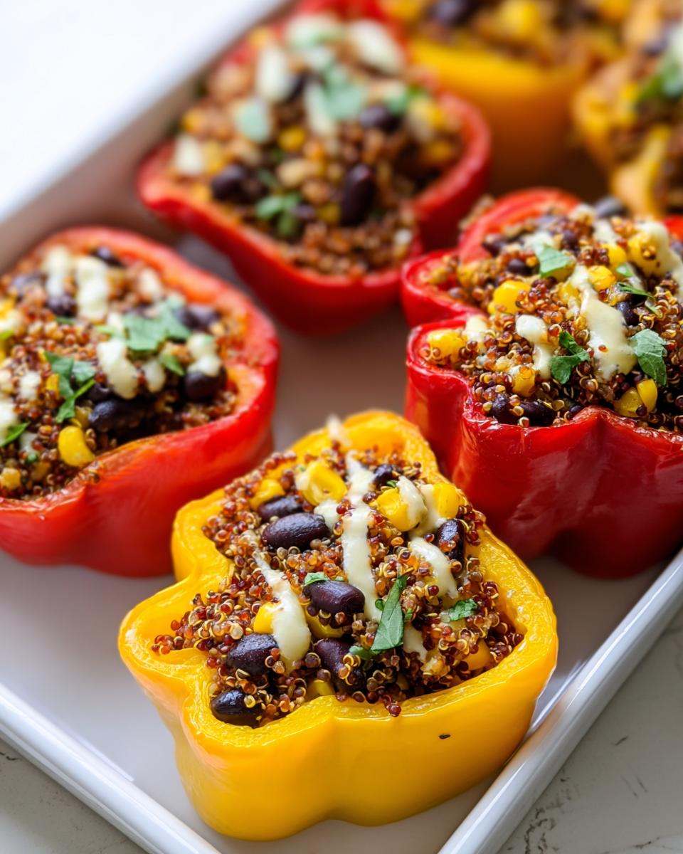 Close-up of vibrant Stuffed Bell Peppers with Quinoa and Black Beans, topped with a white sauce.