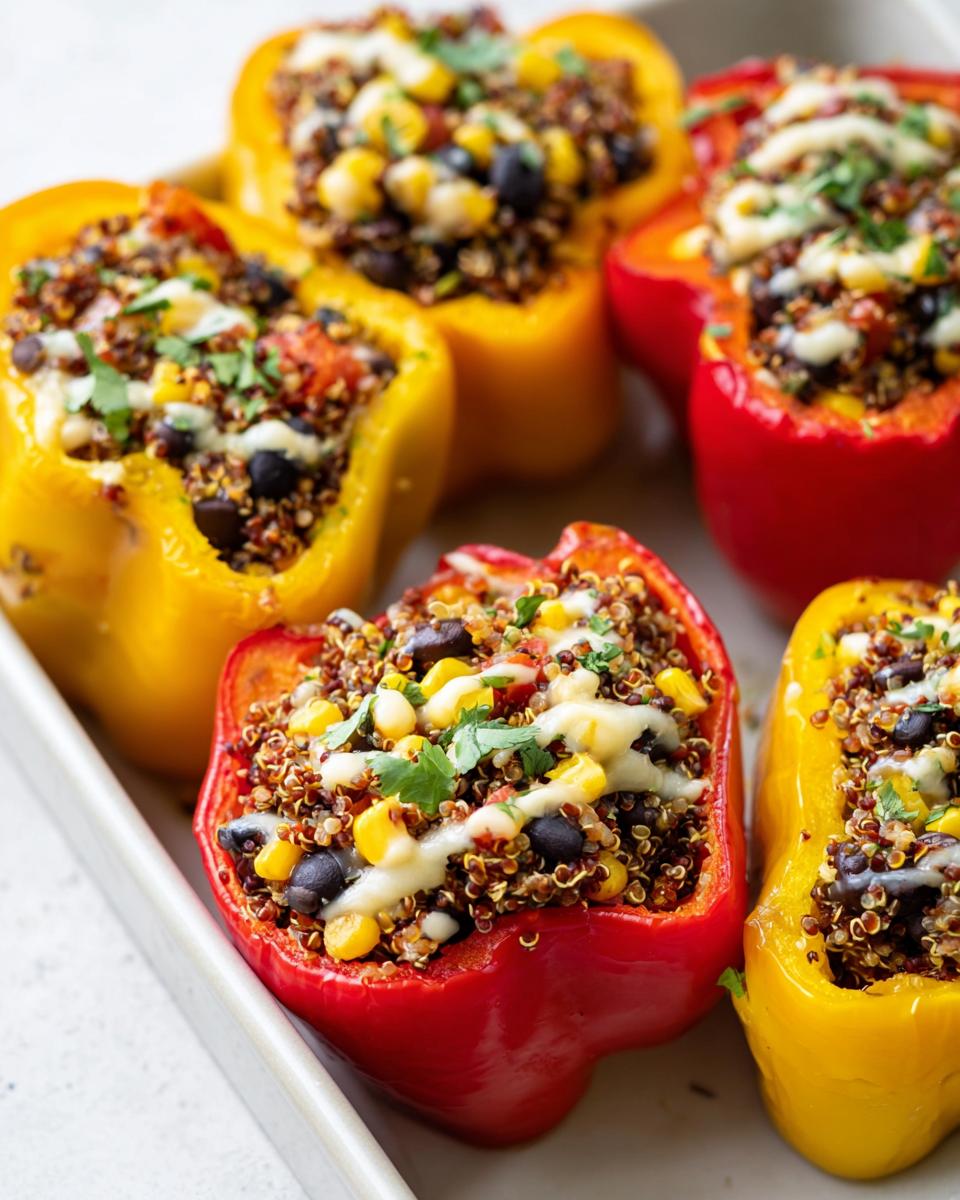 Close-up of vibrant Stuffed Bell Peppers with Quinoa and Black Beans, topped with melted cheese and cilantro.