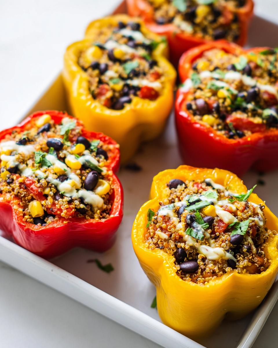 Close-up of vibrant Stuffed Bell Peppers with Quinoa and Black Beans, topped with a drizzle of sauce and herbs.