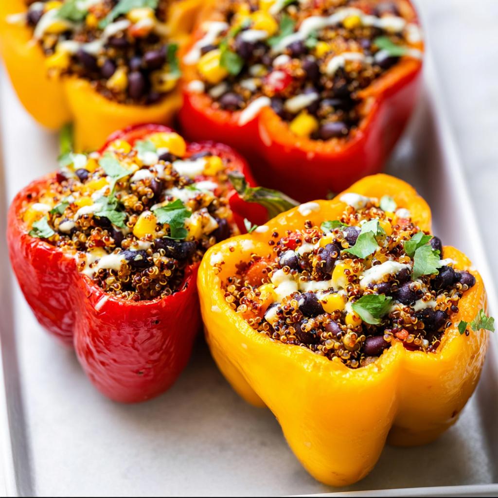 Close-up of vibrant red and yellow Stuffed Bell Peppers with Quinoa and Black Beans, drizzled with sauce and topped with cilantro.