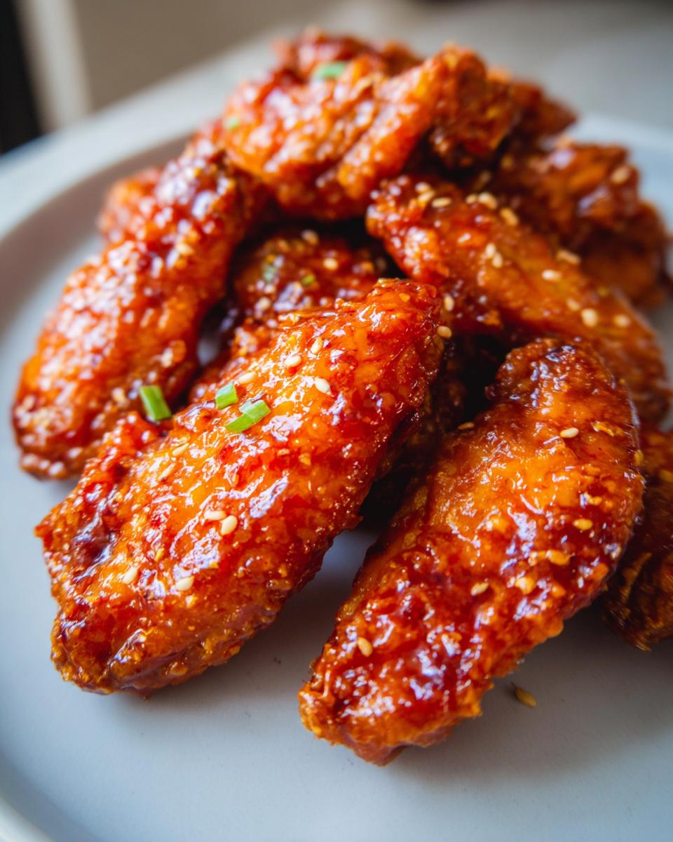 Close-up of crispy Sweet Chili Glazed Chicken Wings coated in a glossy, red sauce and sprinkled with sesame seeds.