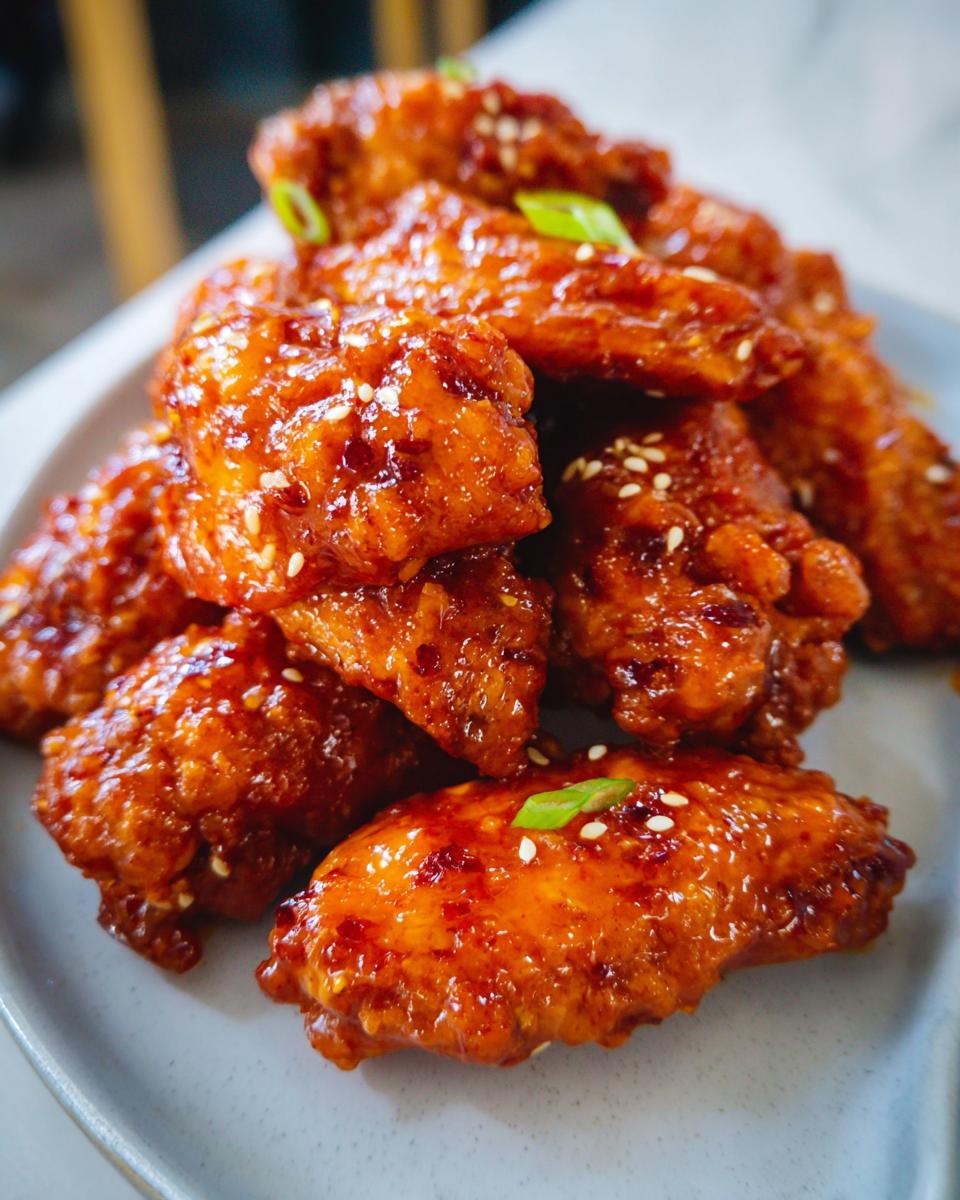 A pile of glossy Sweet Chili Glazed Chicken Wings, garnished with sesame seeds and green onion.