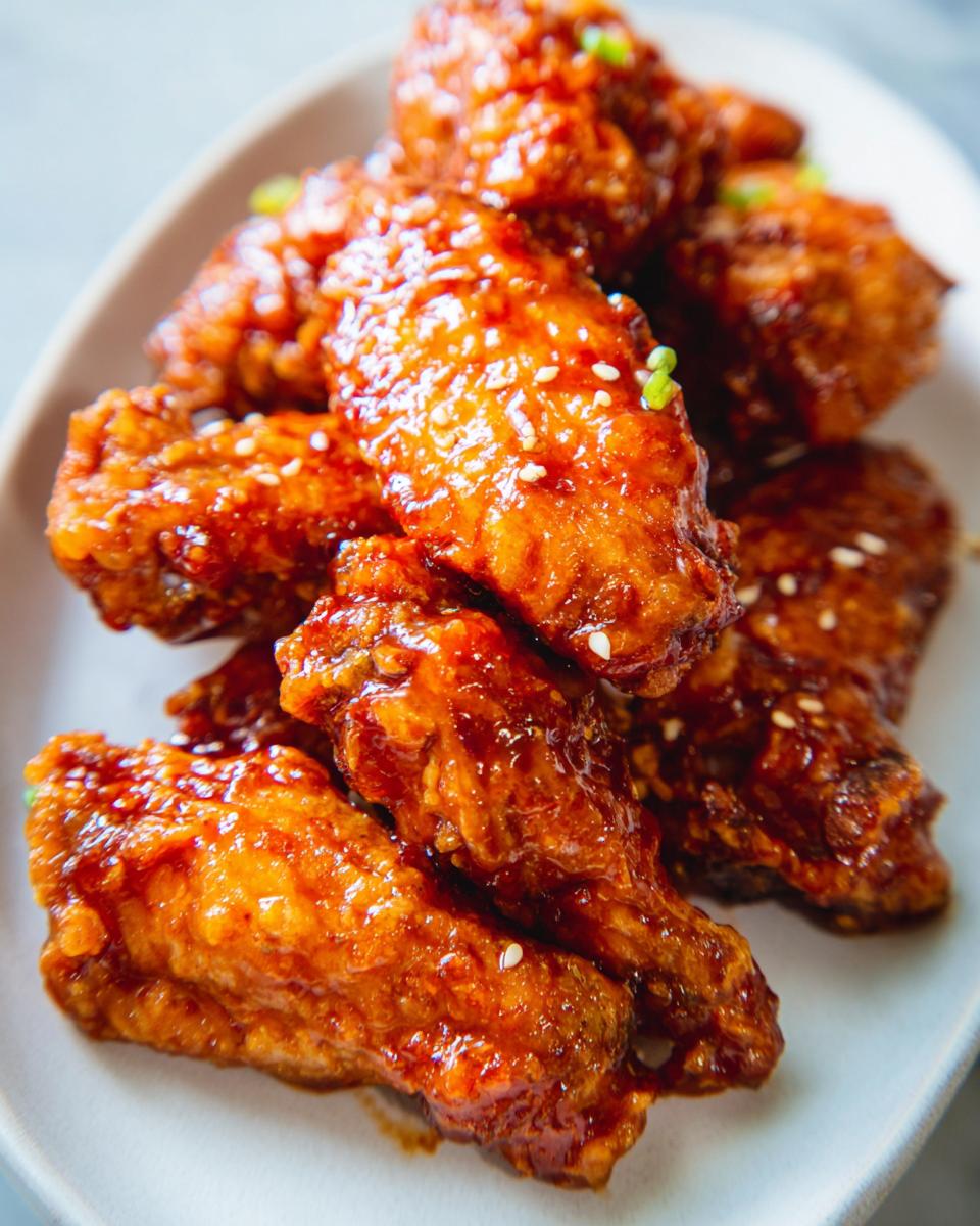 Close-up of crispy Sweet Chili Glazed Chicken Wings piled on a white plate, sprinkled with sesame seeds.