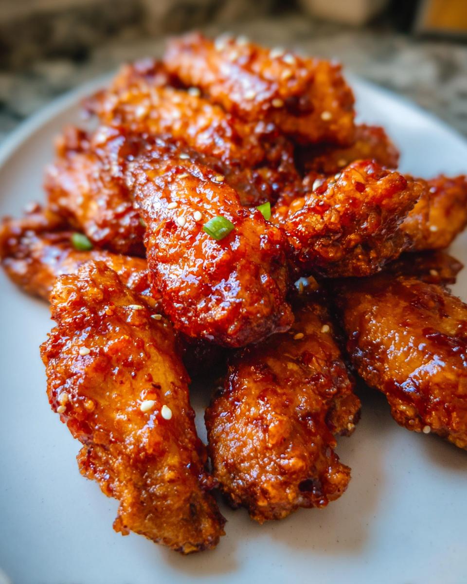 A close-up of crispy Sweet Chili Glazed Chicken Wings piled high and coated in a shiny, reddish-orange sauce, sprinkled with sesame seeds.