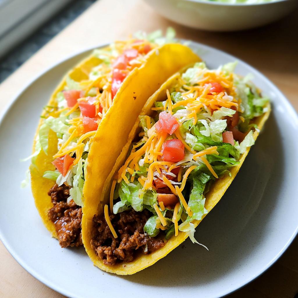 Two hard shell tacos filled with seasoned ground beef, shredded lettuce, diced tomatoes, and cheese for Taco Tuesday Recipes.