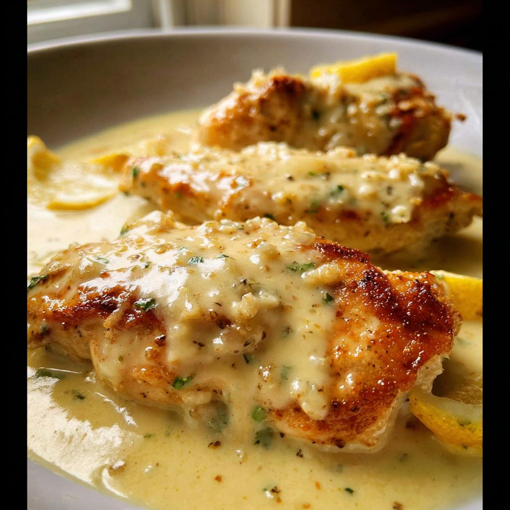 Three pieces of perfectly seared chicken breasts smothered in a rich, creamy sauce, served with lemon slices, showcasing the Tangy Lemon Cream Chicken.
