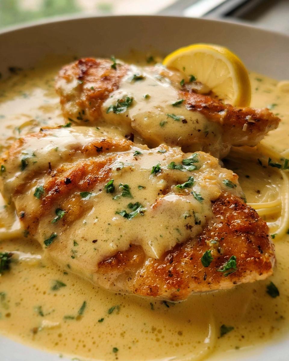 Two golden-brown chicken breasts smothered in a creamy, yellow Tangy Lemon Cream Chicken sauce, garnished with parsley and a lemon slice.