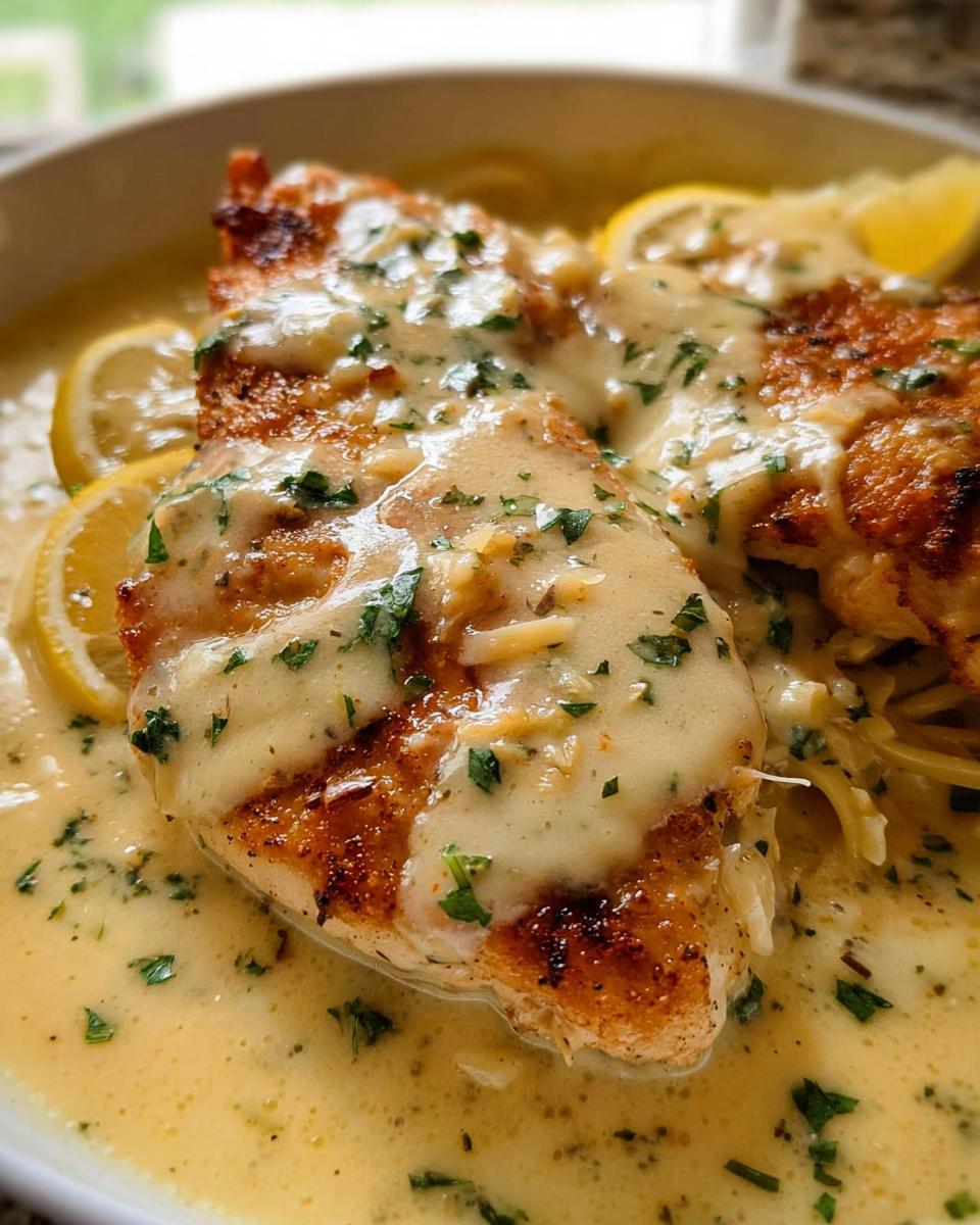 A close-up of seared chicken breast covered in a rich, creamy sauce, garnished with parsley and lemon slices for Tangy Lemon Cream Chicken.