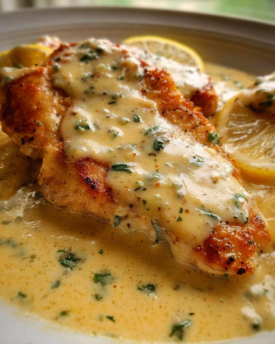 A close-up of a pan-seared chicken breast covered in a rich, creamy, yellow Tangy Lemon Cream Chicken sauce with parsley.