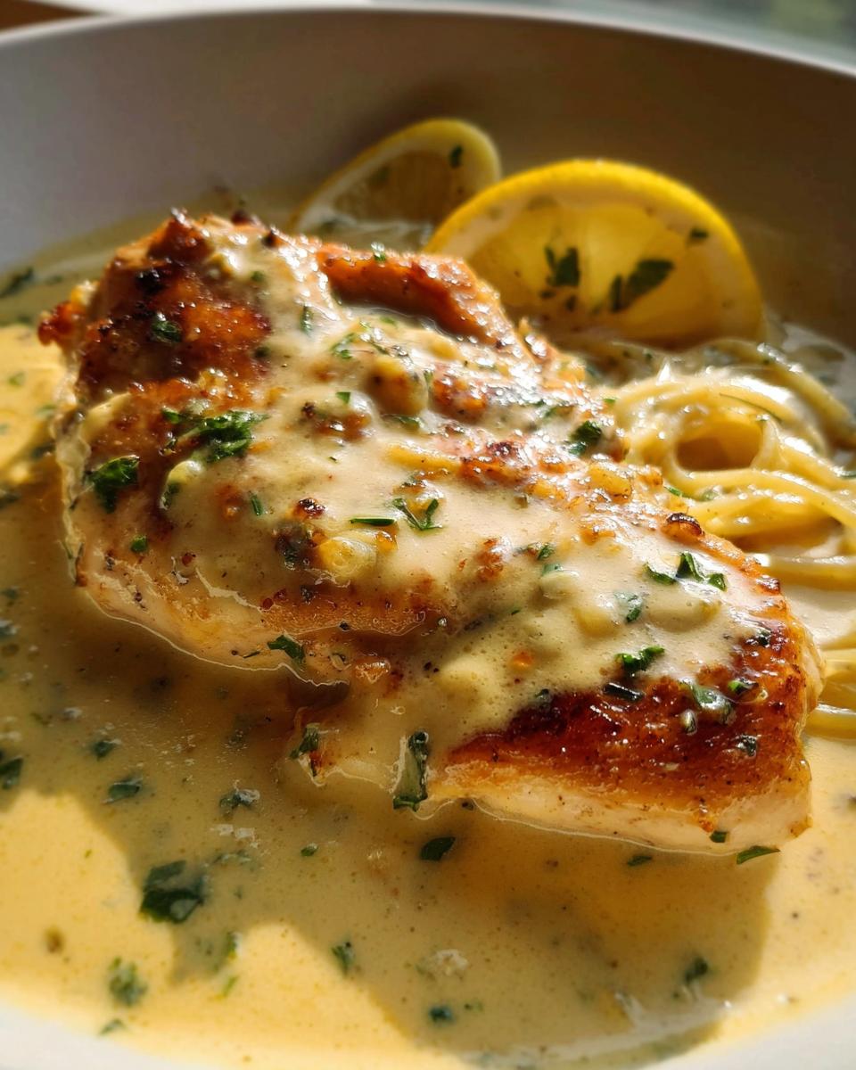 A perfectly seared piece of Tangy Lemon Cream Chicken smothered in sauce, served over pasta and garnished with lemon slices.