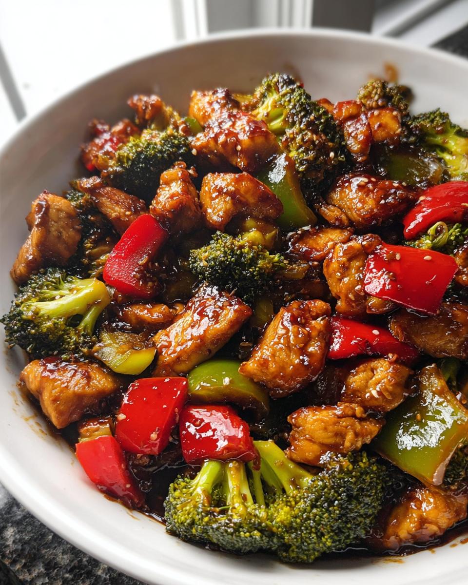 Close-up of glossy Teriyaki Chicken Stir Fry pieces mixed with bright red and green bell peppers and broccoli florets.