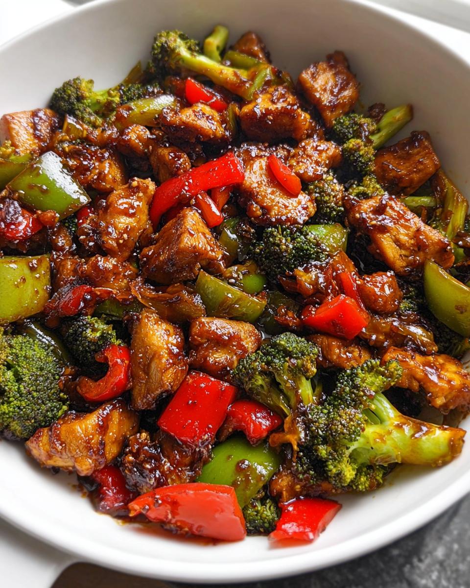 Close-up of glossy Teriyaki Chicken Stir Fry featuring chunks of chicken, bright red and green bell peppers, and broccoli florets.
