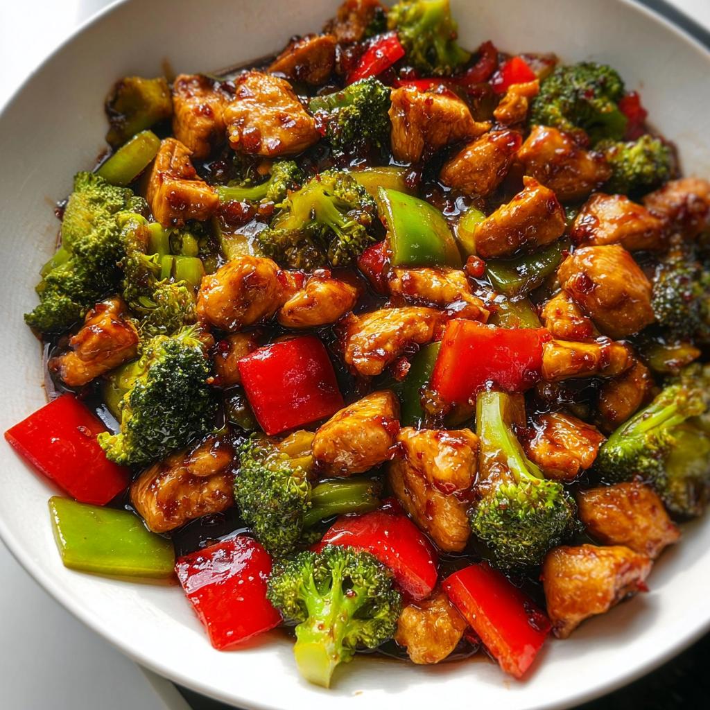 Close-up of vibrant Teriyaki Chicken Stir Fry featuring chicken pieces, bright red and green bell peppers, and broccoli florets coated in a thick sauce.