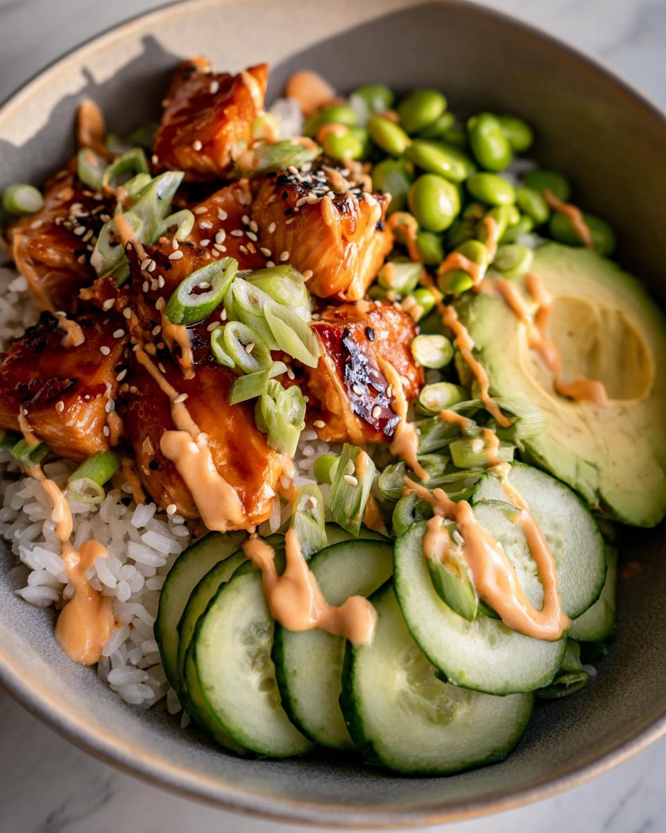 Close-up of Teriyaki Glazed Salmon Rice Bowls featuring glazed salmon chunks, rice, avocado, edamame, and cucumber.
