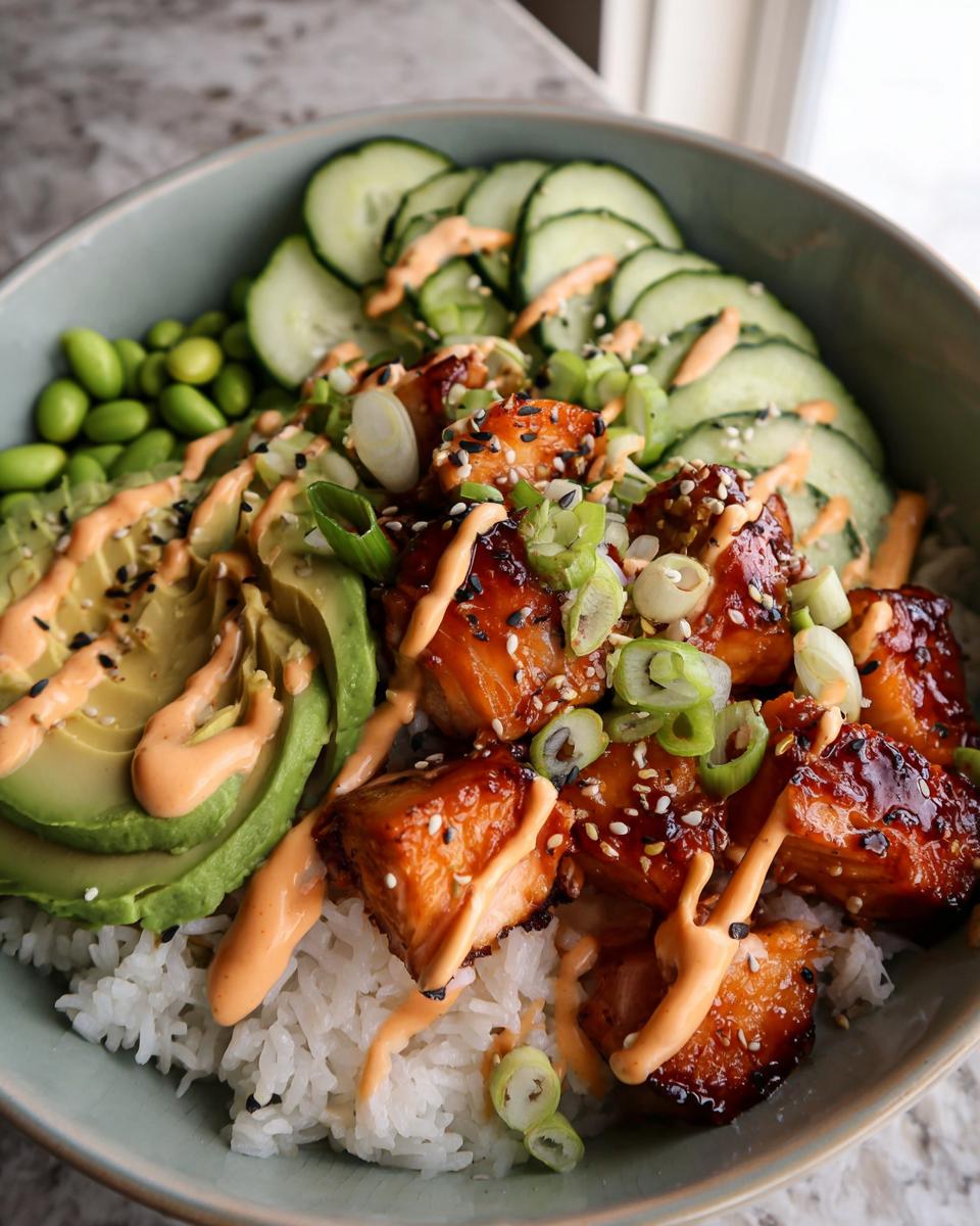 Close-up of Teriyaki Glazed Salmon Rice Bowls with avocado, cucumber, and spicy mayo drizzle.