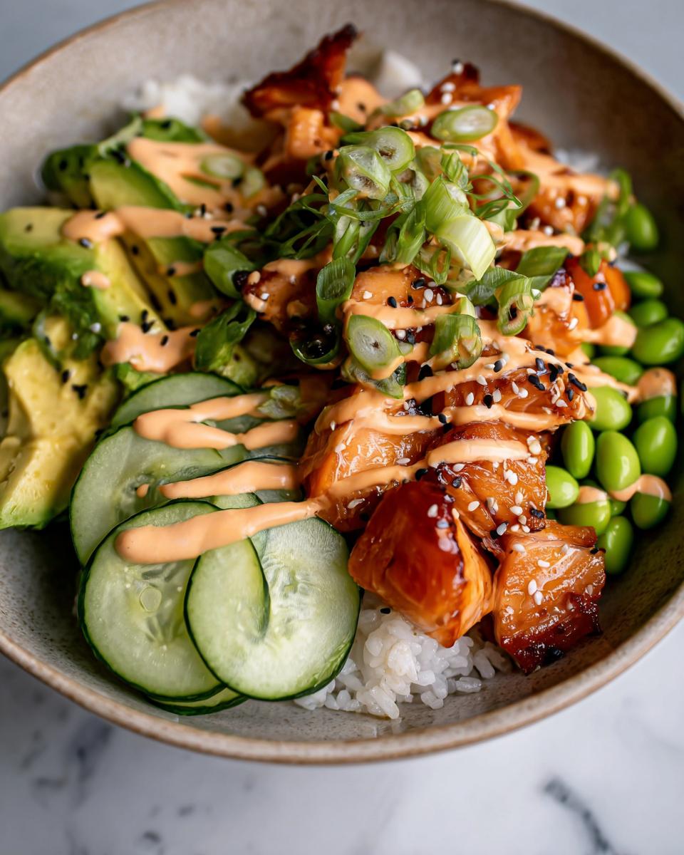 Close-up of Teriyaki Glazed Salmon Rice Bowls topped with avocado, cucumber, and spicy mayo.
