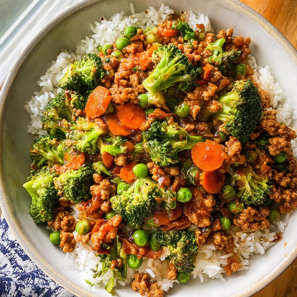 Close-up of a Teriyaki Ground Turkey Bowl served over white rice with bright green broccoli florets and sliced carrots.