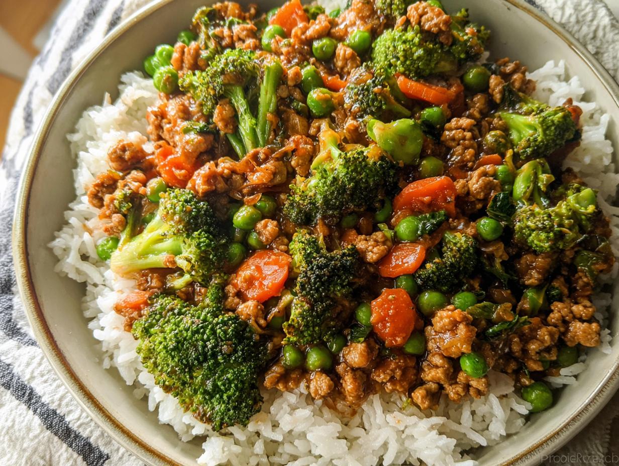 Close-up of a Teriyaki Ground Turkey Bowl served over white rice with broccoli, peas, and carrots.